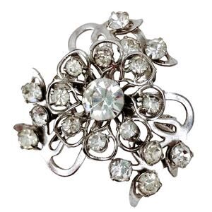 Vintage 1950s Mid Century Silver Tone Rhinestone Layered Floral Brooch Pin